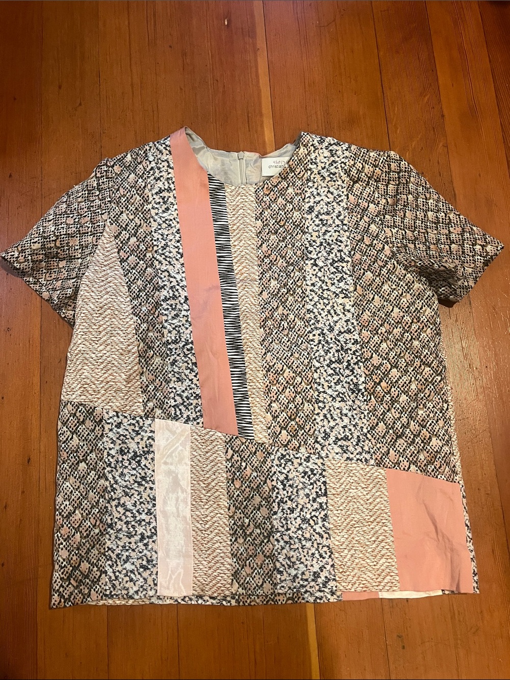 One of a kind Patchwork Short-Sleeve Blouse in Pink and Neutral Tones